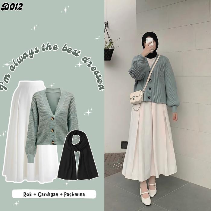 Outfit Korean Cute Style Remaja Wanita Hijab Viral Kekinian 3in1 ( Atasan Cardigan Rajut Polos Kanci