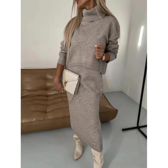 Muslim Knitting Skirts Suit Women 2 Piece Set Pullover Turtleneck Sweater Knitted Skirt Outfits Arab