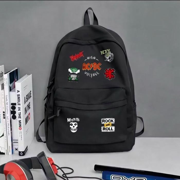 Tas Ransel Hitam dengan Patch Band Rock & Roll AC/DC Pink Floyd Megadeth System of a Down untuk Pria