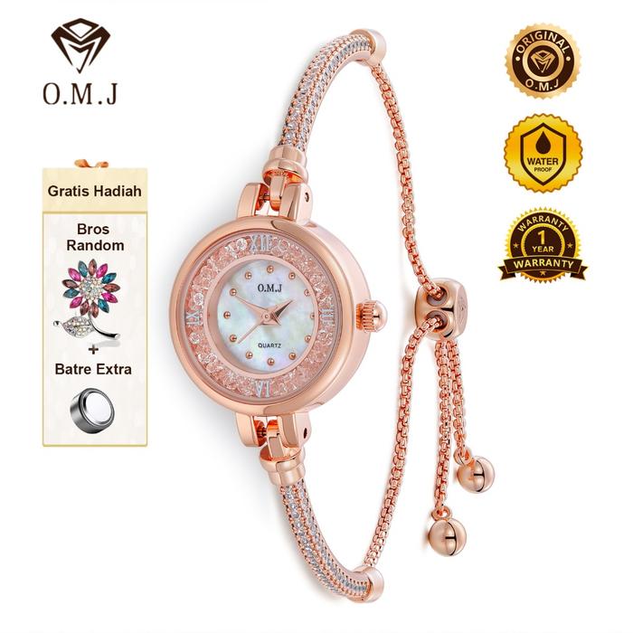 OMJ G037 Jam Tangan Serut Wanita Berlian Rose Gold Gelang Strap Dapat Disesuaikan Sendiri Korea Tren