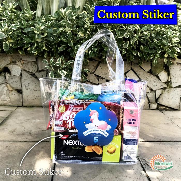 Tas Mika Transparan Ulang Tahun CUSTOM Stiker Murah Goody bag Ultah Snack (20x20x10) 0.13