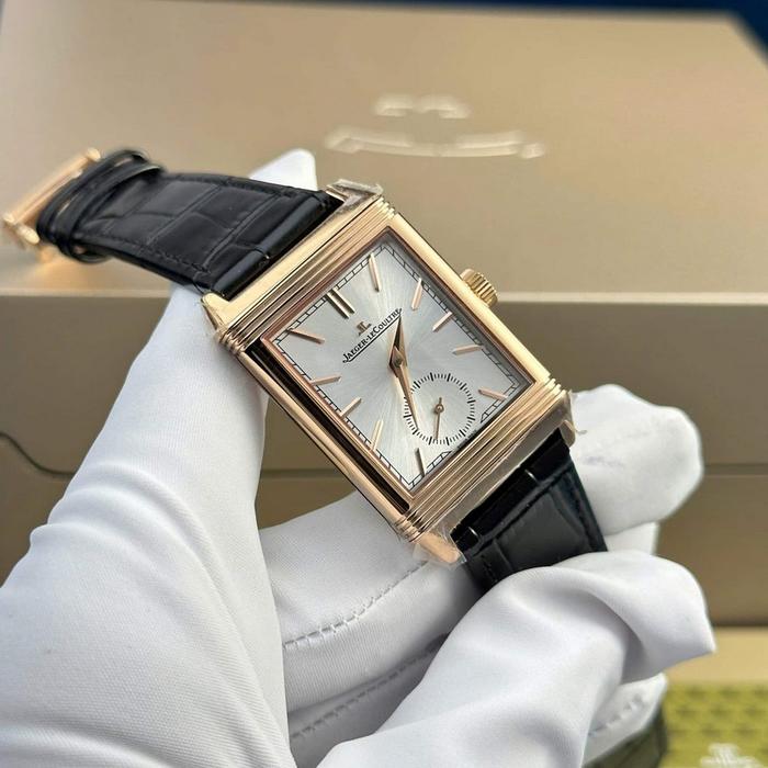 CCJEAGERLECOULTRE MONA FACE JAM TANGAN JLC REVERSO AUTOMATIC ROSE GOLD BLACK SUPER CLONE LEATHER STR