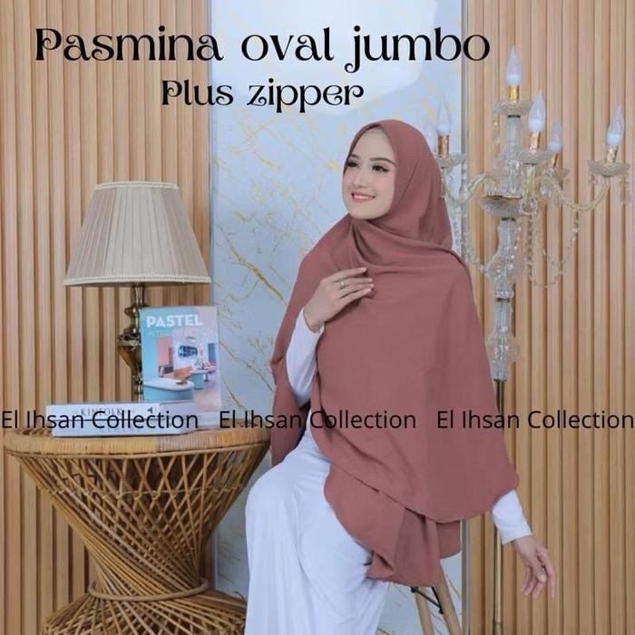 El Ihsan Collection Pasmina Oval Jumbo Matt Crinkle Airflow Pasmina Curve Syari Plus Zipper Hijab Mo