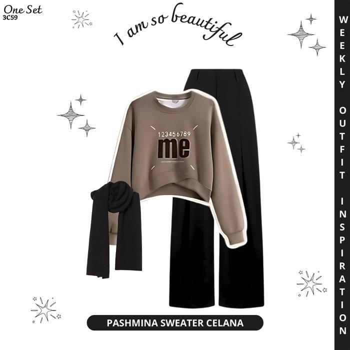 Oneset 3in1 Korean Style Hijab Atasan Sweater Wanita Kekinian Bawahan Celana Kulot Knit Jilbab Pashm