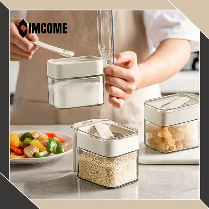 IMCOME Kotak Bumbu Dapur Kaca Tempat Penyimpanan Bumbu Dapur Wadah Bumbu Garam Lada Gula Minimalis S