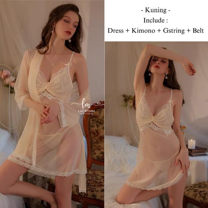 (READY STOK) Luckymm Sexy Lingerie Dress Kimono 2in1 Transparan Baju Tidur 400 - Kuning (TERLARIS)