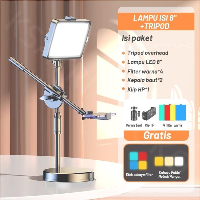 Overhead Phone Stand Tripod + Led Lampu Stand Holder Phone Holder Bracket 360° Lampu Fotografi Stand
