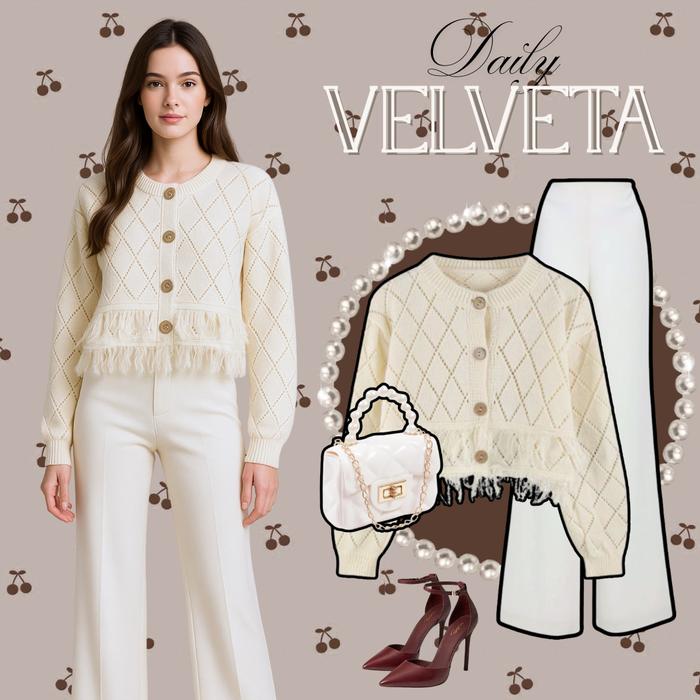 Daily Velveta Pakaian Hangout Wanita Tas Jelly Putih Cardigan Crop Rawis Broken White Celana Scuba C