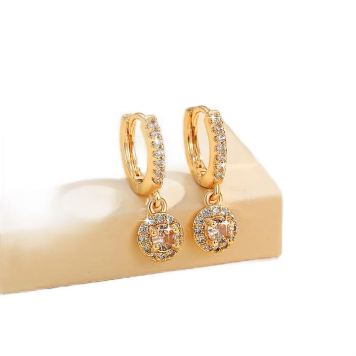 Anting earrings emas bulat permata putih elegan, anting emas bulat permata hitam mewah dan menawan, 