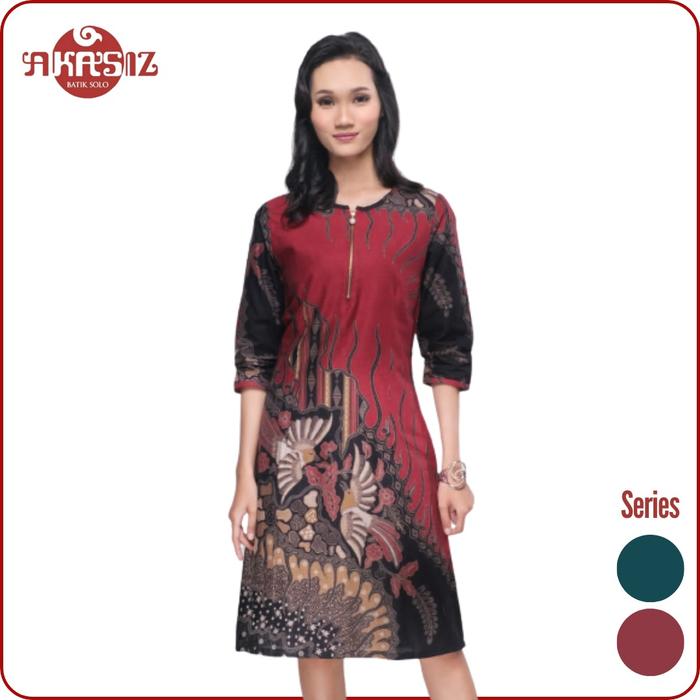 Tunik Dress Batik Wanita Katun Lengan 3/4 Vivo Keris Merah Hijau