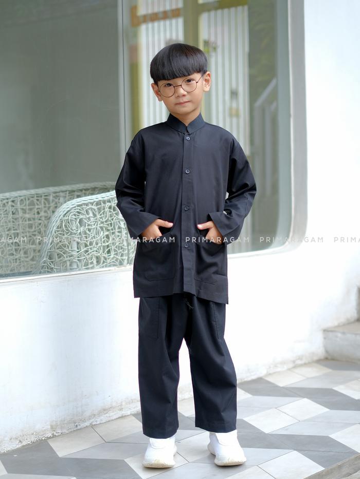 TERPERCAYA Primaragam Baju Kemeja Pangsi Anak Tk Sd Adat Sunda Koko Hitam Polos Lengan Tangan Panjan