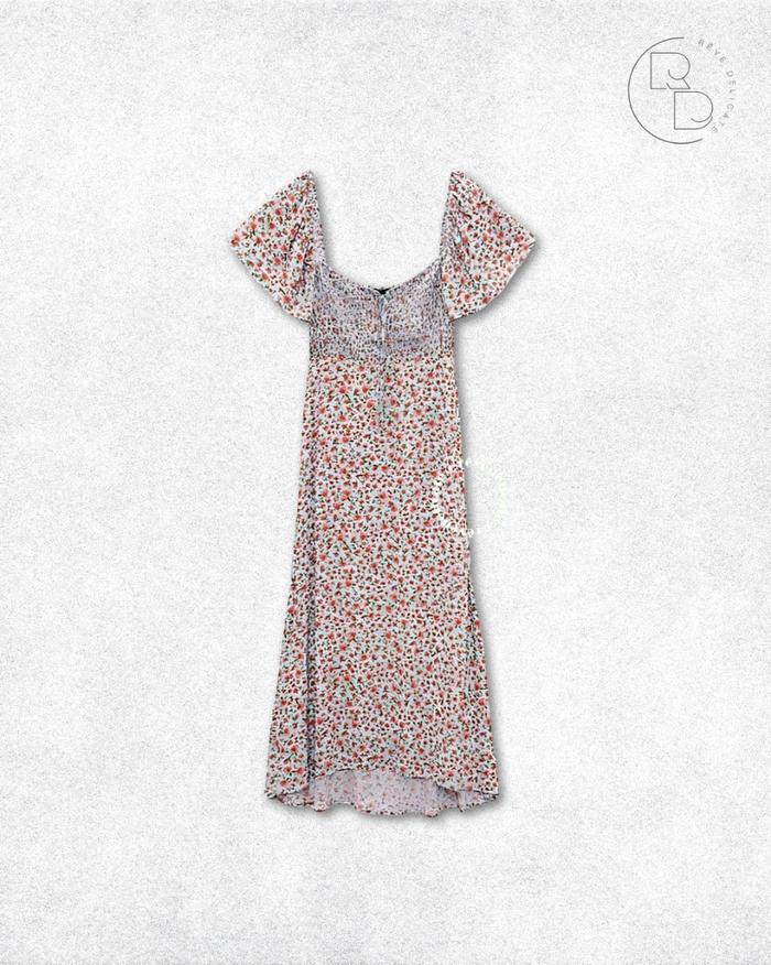 ZARA Floral Puff Sleeve Midi Dress Wanita Size S – Dress Motif Bunga Feminim Elegan Casual