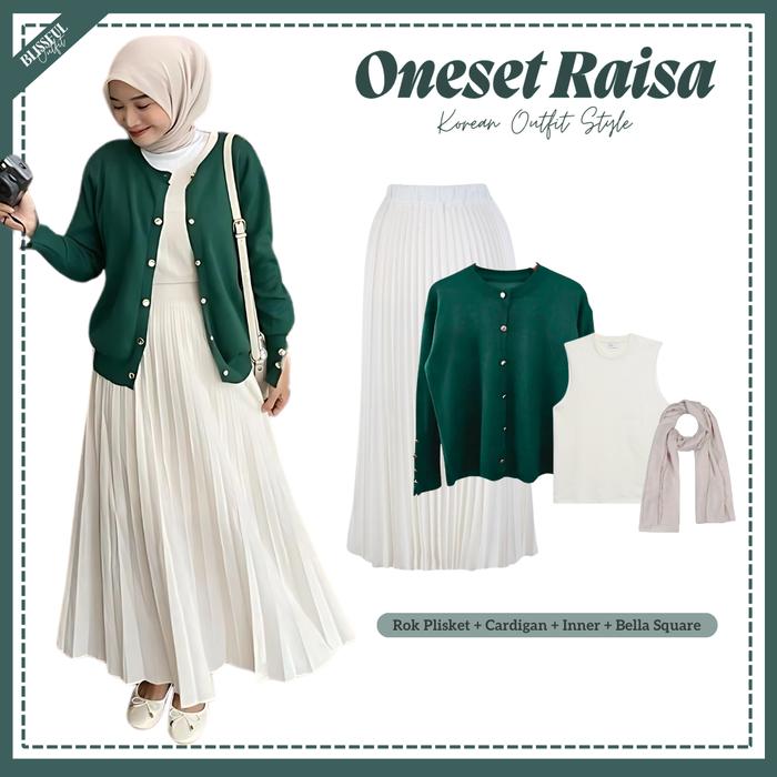 Raisa One Set Outfit Wanita / Atasan Outer Cardigan Kancing Emerald / Inner / Bawahan Rok Plisket