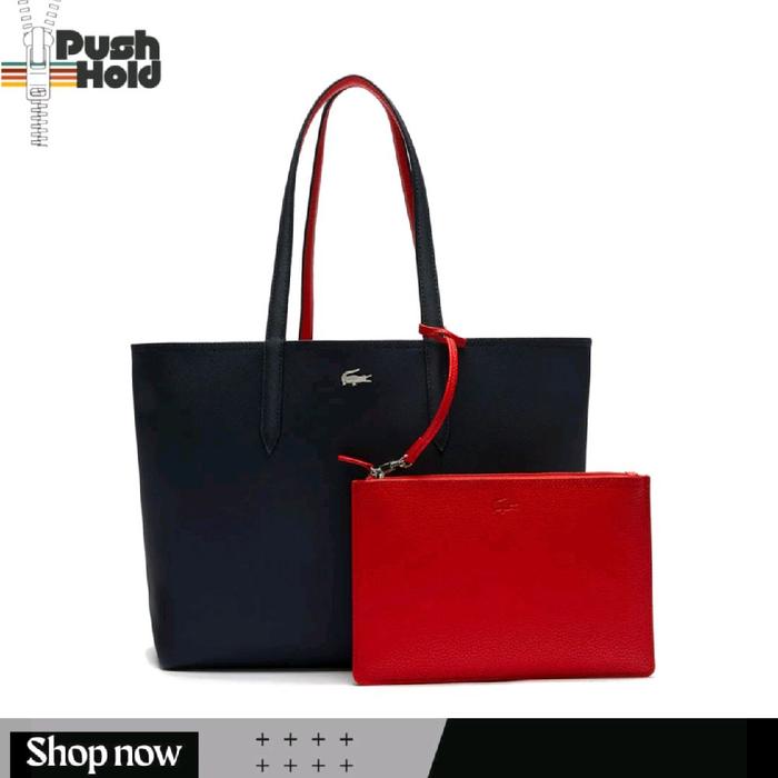 LACOSTE Original Anna Reversible Tas Tote Wanita Bolak Balik Hitam/Merah (2-in-1) Tas Jinjing Kerja 