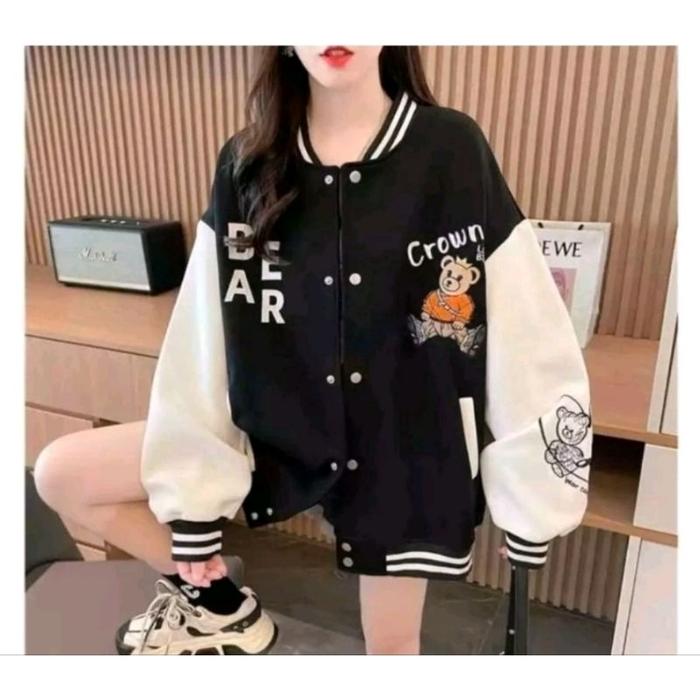 Crown Bear Jaket Baseball Varsity Wanita | Jaket Varsity Gaya Korea