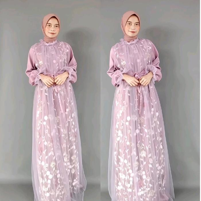 Sherina Dress Kondangan Gamis Brokat Tile & Satin Elegan Mewah untuk Lebaran & Kondangan Maxi Silk R