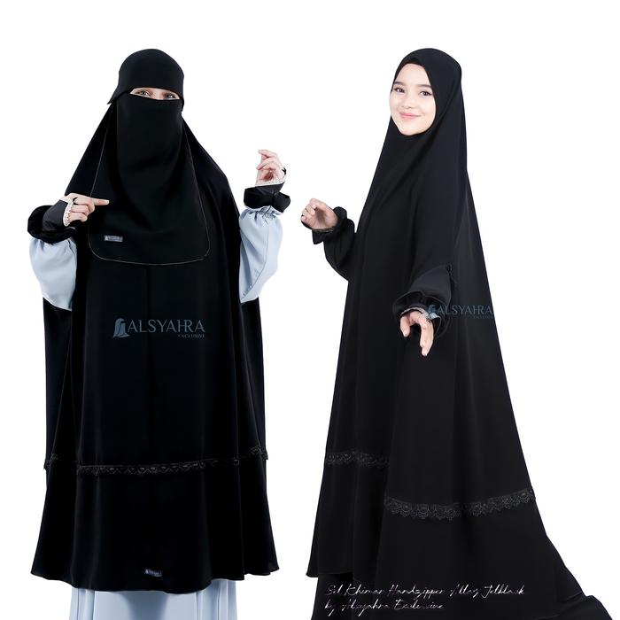 Alsyahra Exclusive Set Long Khimar Like Mukena Handzipper Altaj Haramain Niqab Poni Jetblack Jilbab 