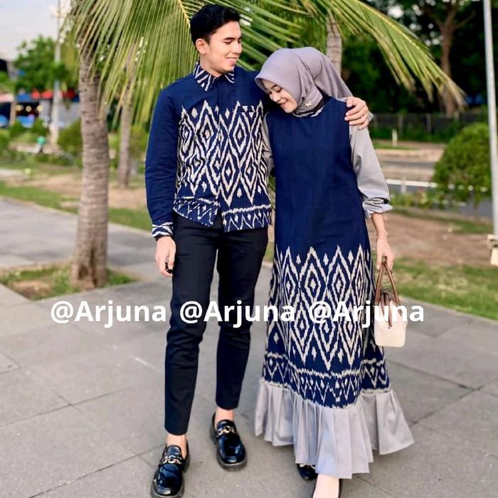 Arjuna.ethnic - Baju Tenun Couple Dress Karina Navy Kondangan Sarimbit Pasangan Gamis Muslim Wanita 