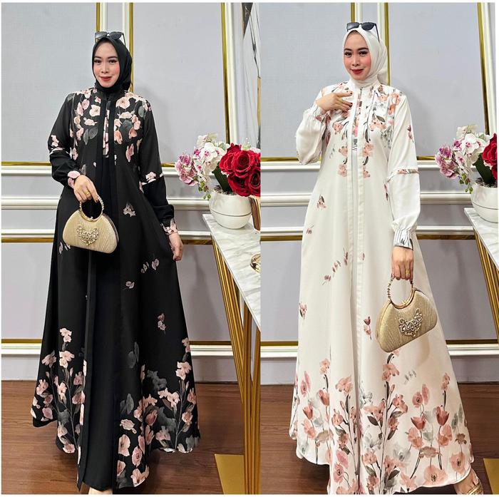 Gamis Motif Bunga Elegan Warna Hitam dan Putih – Gamis Pesta Muslimah Modis & Adem