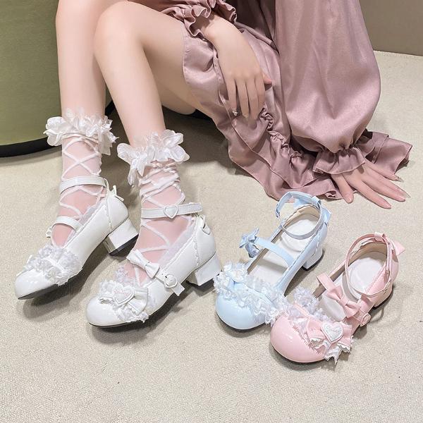 PINKEY P417 Mary Jane Lolita Pastel – Sepatu Hak Rendah Pita & Renda Kawaii Pink/Putih/Biru