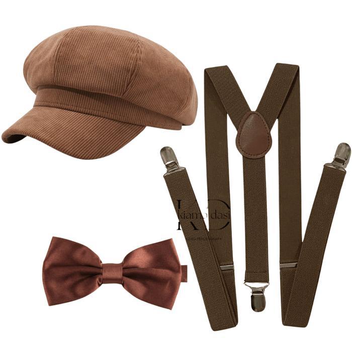 Suspender + Dasi Kupu + Topi Outfit Yearbook Vintage Coklat Fedora Newsboy Enola Holmes