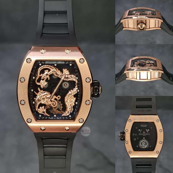 JAM TANGAN RM 057 JACKIE CHAN DRAGON ROSEGOLD CASE 44MM BLACK RUBBER STRAP LIMITED SP-COLLECTION99