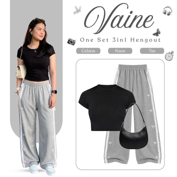 Vaine One Set 3in1 Hangout Wanita (Kaos Crop Top Hitam Celana Jogger Renda Abu Tas Selempang) Setela