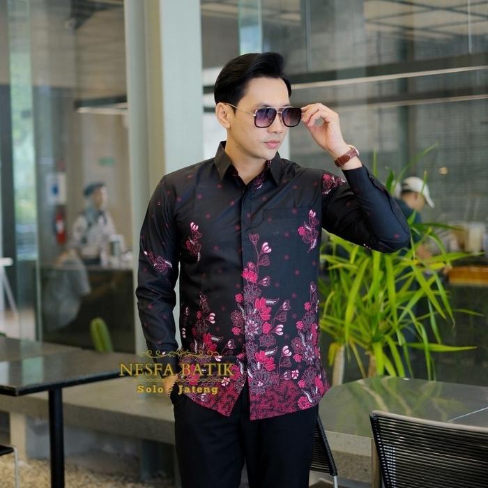 KEMEJA BATIK Motif SAKURA pria lengan panjang lapis furing HPL cuttingan slimfitt Baju Kancing Nyama