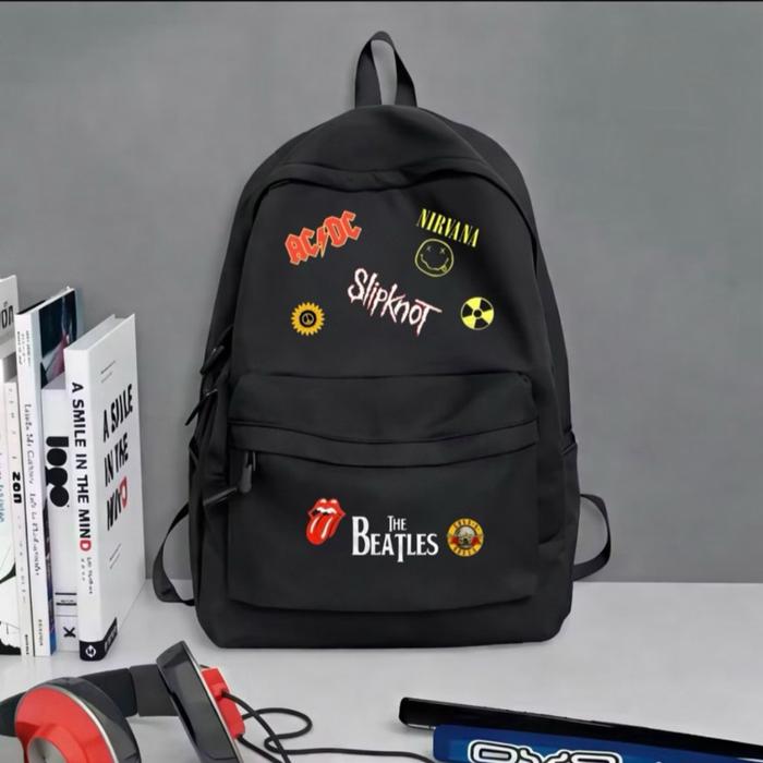 Tas Ransel Hitam dengan Logo AC/DC, Nirvana, Slipknot, dan The Beatles untuk Gaya Urban Backpack Wan