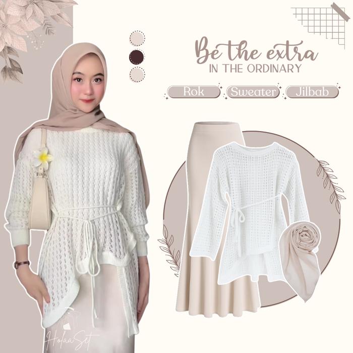 One Set Wanita Elegan ( Atasan Blouse Rajut - Rok Duyung - Jilbab ) Setelan Casual Remaja Kekinian H