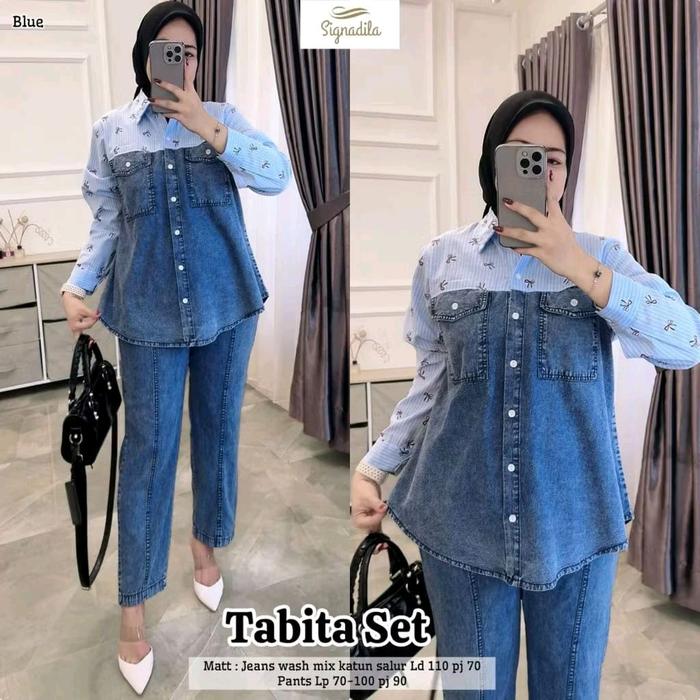 SL Tabita set bahan jeans mix catton salur prem Dress muslimah Gamis baju midi muslim wanita gaun le