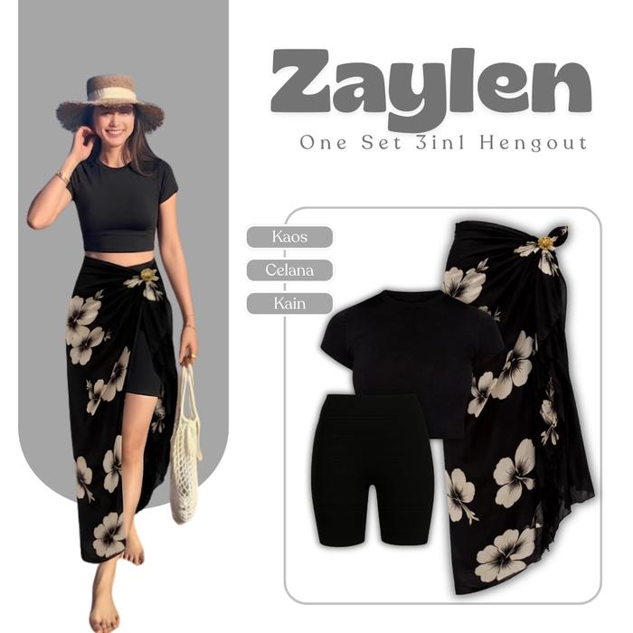 One Set Liburan Pantai Wanita 3in1 (Kaos Crop Top Celana Short Rok Kain Motif Floral) Outfit Cewek A