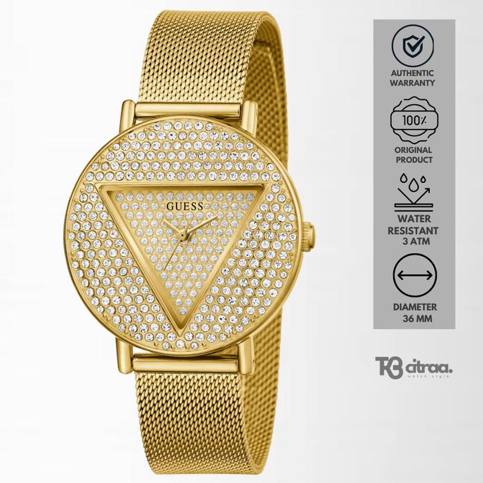 Jam Tangan Wanita Guess Iconic GW0477L2 Ladies Champagne Glitz Dial Gold Stainless Steel Mesh Strap 