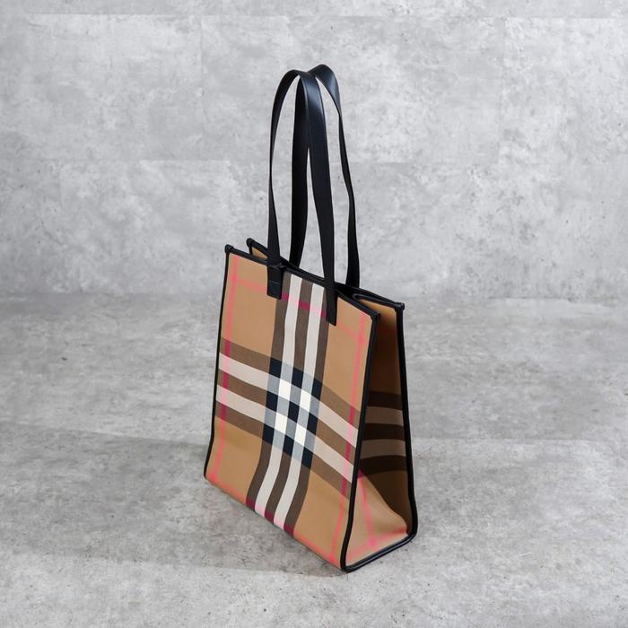 Tas BURBERRY CHECK BEIGE BLACK CANVAS SHOPPER BAG 100% ORIGINAL - 34X15X40CM