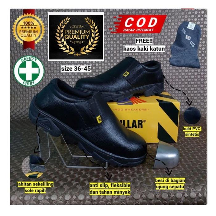 Sepatu Safety Pria Slip On Ujung Besi Bahan PVc Sol Karet Di Jahit Sekeliling Sepatu Slip on Hitam A