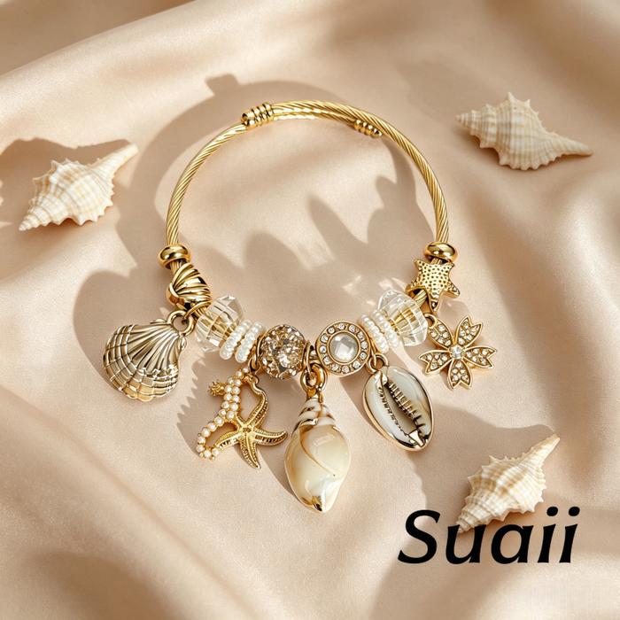 [Suaii] Gelang tangan stainless steel manik manik warna sampanye hias kristal salju kerang siput bin