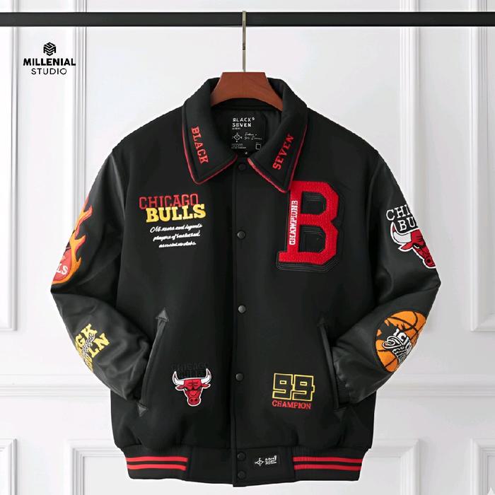 Varsity Jacket Blackseven CHICAGO RED BULLS | Jaket Baseball Bordir Original UNISEX Leather Lembut N