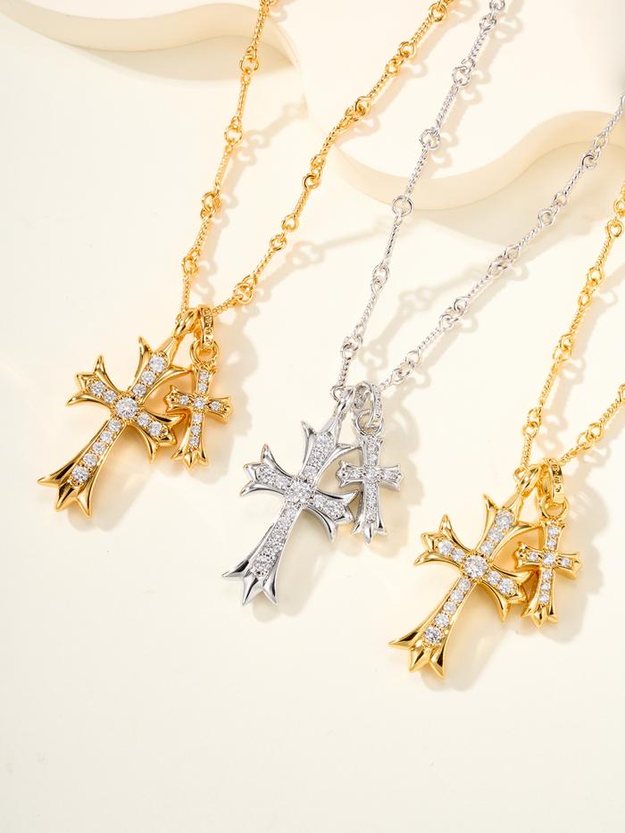 ​  Kalung Pendant Salib Klasik, Emas Gold Plated, Full Paved Berlian Imitasi, Kalung Religius Christ