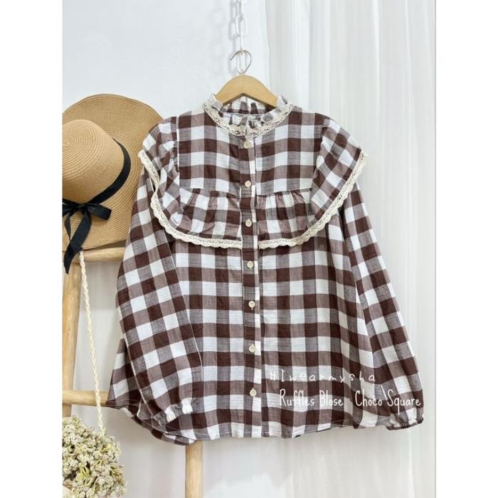 Mysha Iwearmysha Blouse Motif Kotak Katun Adem Korean Style Premium RUFFLES BLOUSE CHOCO