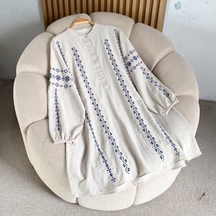 Laura Tunik Tunic Atasan Raya Lebaran Idul Fitri Ethnic Cantik Linen Muslim Panjang Wanita Katun Bas