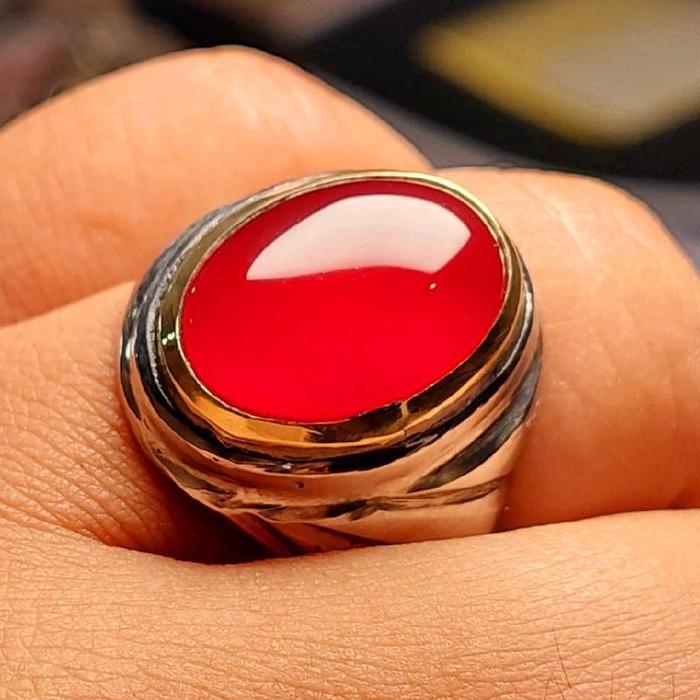 Cincin batu red baron 18mm ring monel handmade halus anti karat / akik merah pacitan elegan