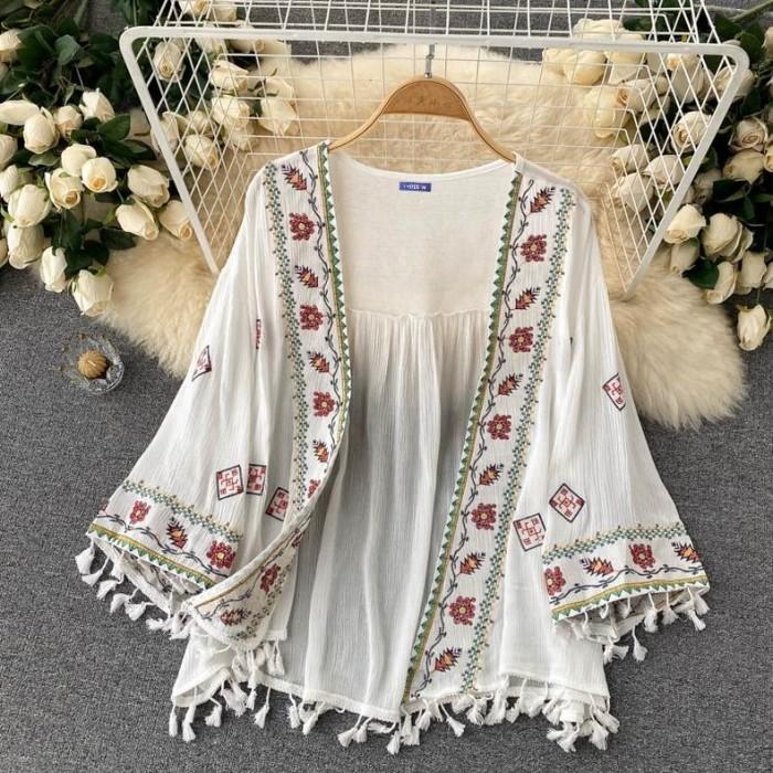 Outer Kimono Boho Tassel Baju Luaran Wanita Lengan Panjang Bohemian Cardan Kardan