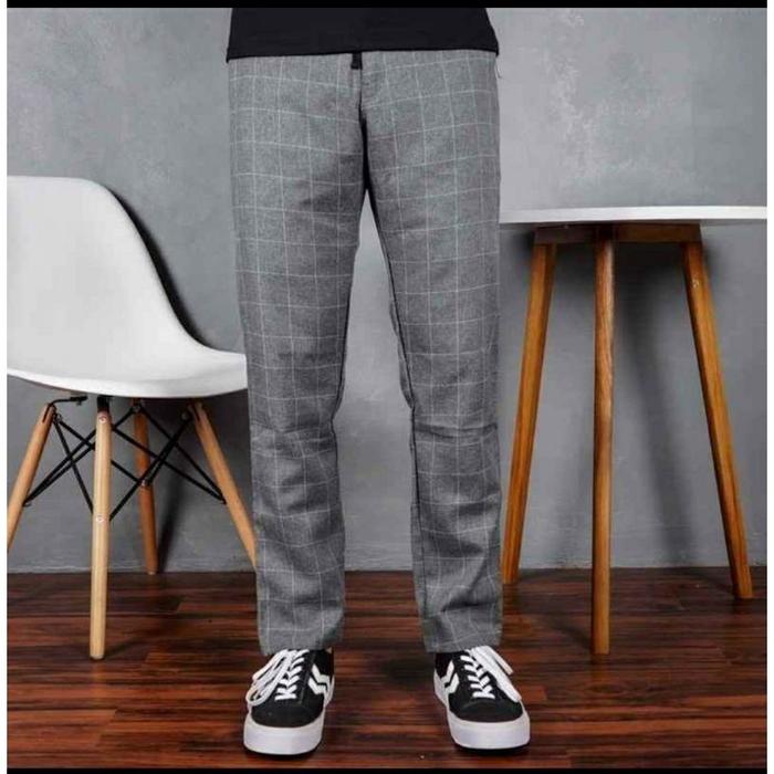 Celana Chino Tartan Pria Ankle Pants Motif Kotak Kotak Panjang Cowok Salur Model Korea Slim Fit