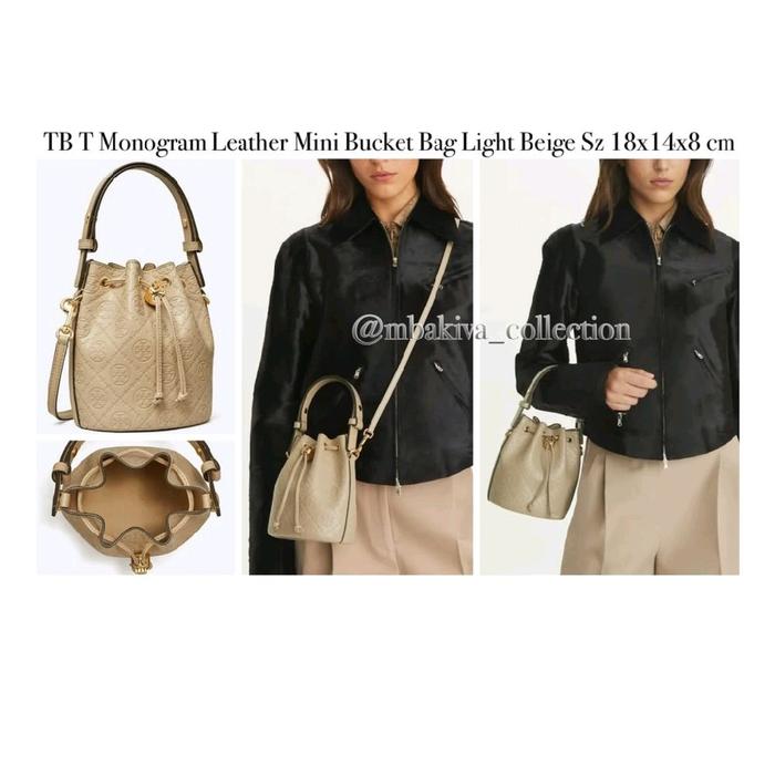 T Monogram Leather Mini Bucket Bag Light Beige
