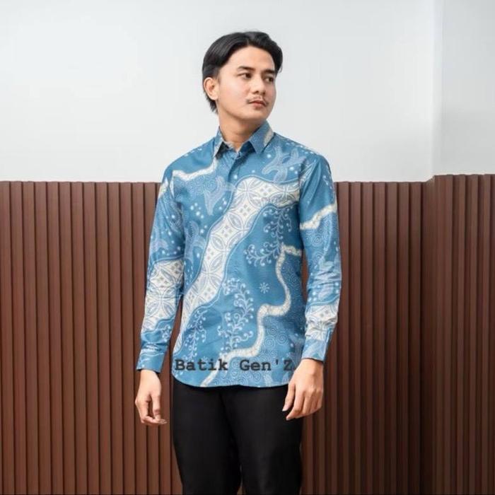kemeja batik panjang biru langit