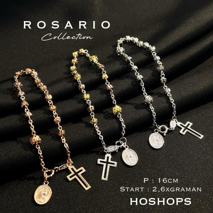 Gelang Rosario Salib & Bunda Maria Mas Putih Kadar 750 Asli Emas