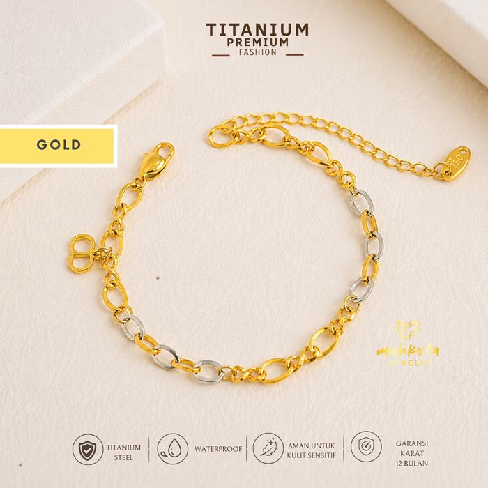 G379 Gelang Liontin Monogram Kombinasi Dua Warna Titanium Premium Wanita - Rantai Oval Anti Luntur A