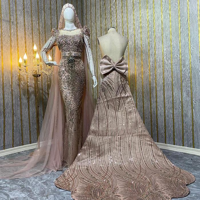 gaun pengantin rose gold slim congsam premium-gaun pengantin slim rose gold mewah-gaun pengantin mur