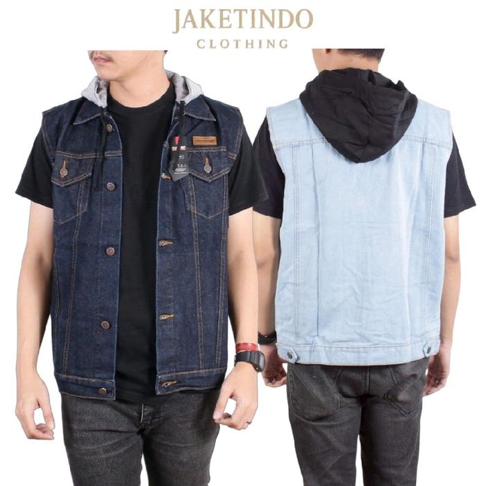 Jaket Jeans Rompi Hoodie Tangan Pendek - Jeans Hoodie Short Bahan Jeans Denim Kombinasi Fleece Hoodi