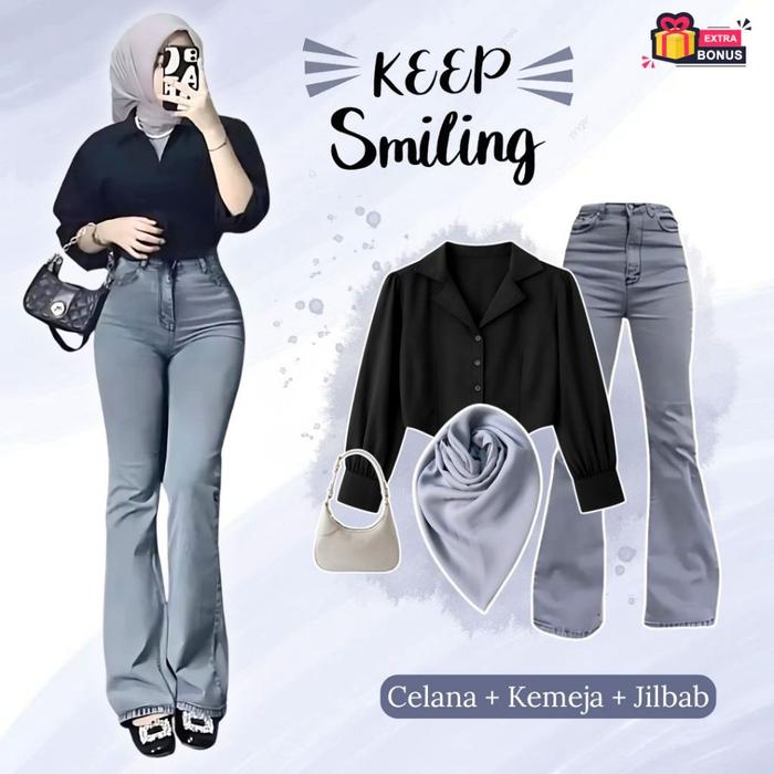 NEW One set 3in1 kemeja crop celana cutbray jeans wide leg jilbab bella square | outfit oneset setel